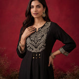 Black Embroidered Cotton Blend Kurta Set