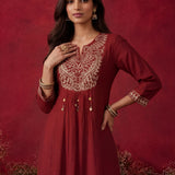 Red Embroidered Cotton Blend Kurta Set
