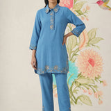Nayra Blue Embroidered Linen Co-ord Set