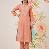 Zainab Light Orange Cotton Blend Embroidered A-line Kurta Set