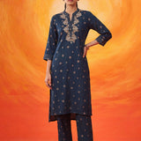 Chalka Navy Printed Cotton Blend Kurta Set