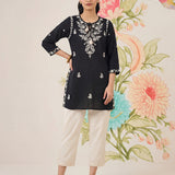 Afiya Black Cotton Blend Embroidered Kurti