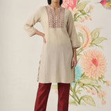 Aviya Beige Cotton Blend Embroidered Straight Kurta
