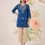 Afiya Blue Cotton Blend Embroidered Kurti
