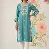 Yashvi Turquoise Cotton Blend Embroidered Kurta