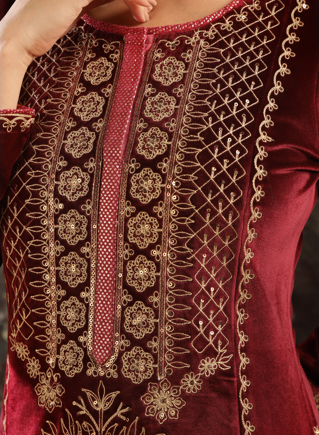 Maroon Heavily Embroidered Party-wear Velvet Kurta