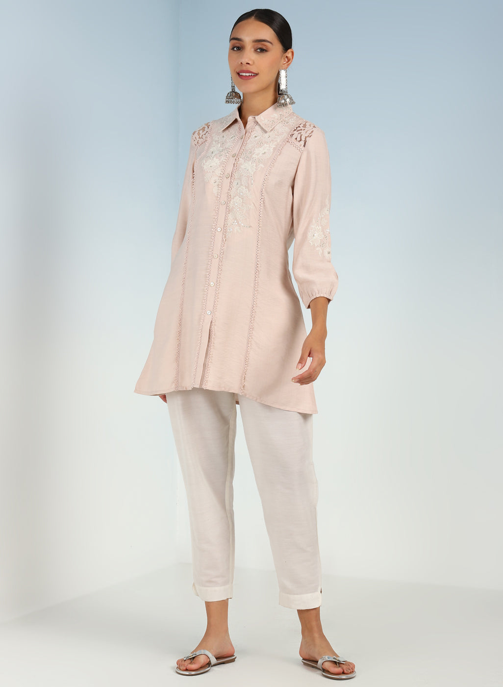 Pink Collared Tunic for Women with Puffed Sleeves