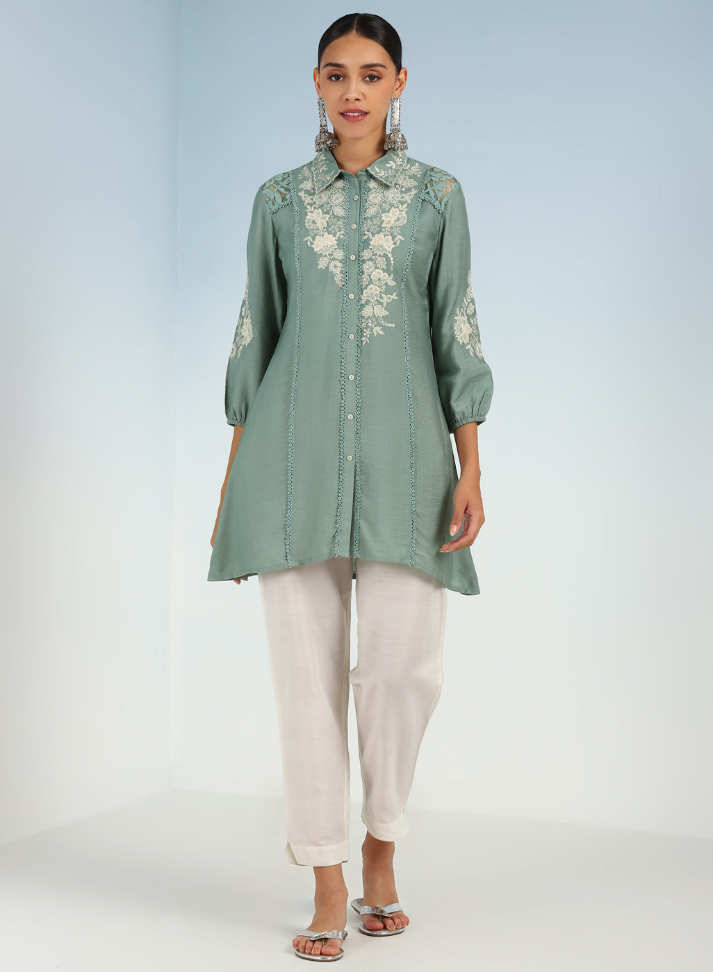 Green Collared Tunic for Women with Puffed Sleeves