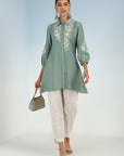 Green Collared Tunic for Women with Puffed Sleeves