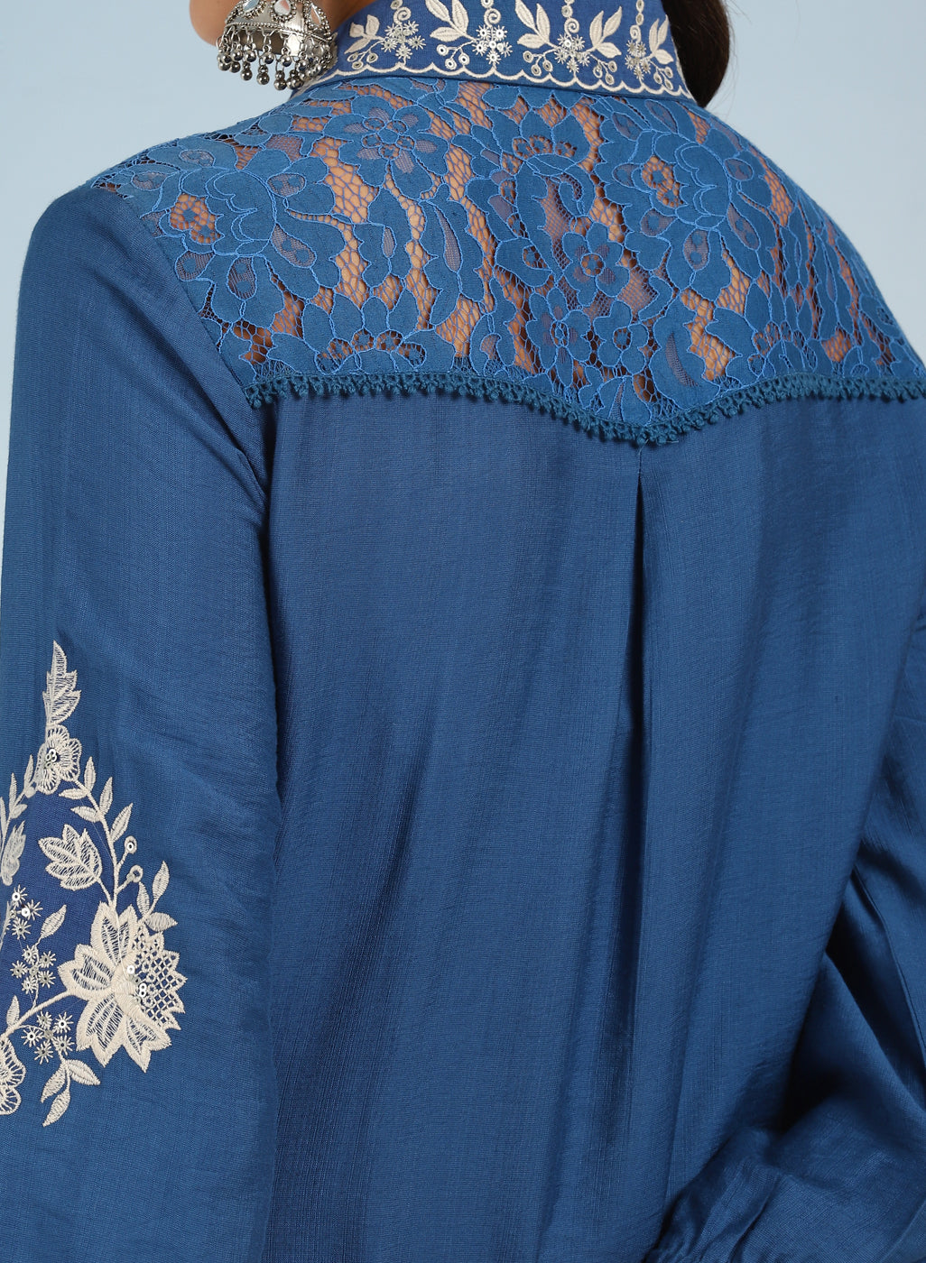 Blue Collared Tunic for Women with Puffed Sleeves