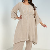 Sand Sequined Kurta Set with Flared Asymmetric Hem