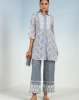 Blue Pure Cotton Ankle-length Palazzo for Women with Detailing on the Hem