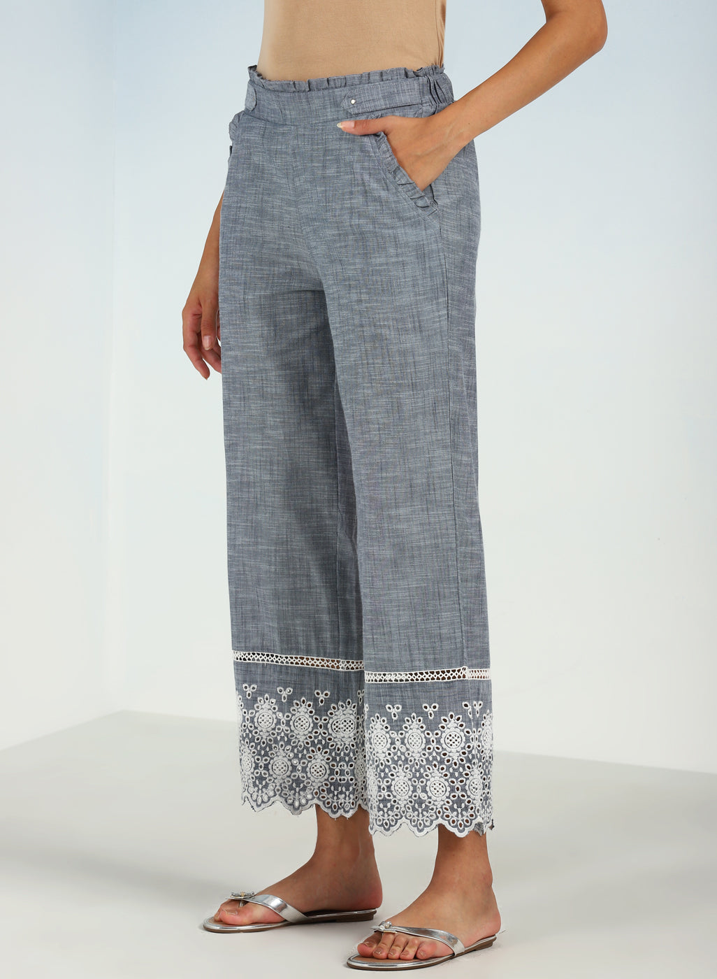 Blue Pure Cotton Ankle-length Pants for Women with Detailing on the Hem