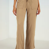Beige Plain Straight-fit Pants with a Drawstring Waist and Pockets