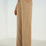 Beige Plain Straight-fit Pants with a Drawstring Waist and Pockets