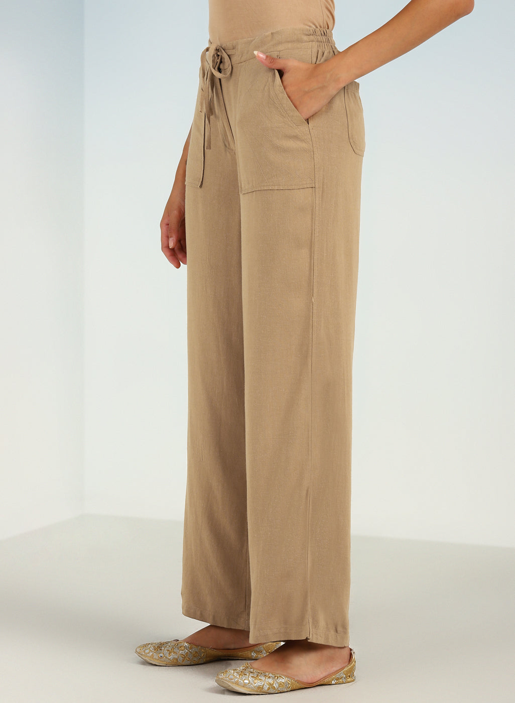 Beige Plain Straight-fit Pants with a Drawstring Waist and Pockets