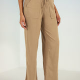 Beige Plain Straight-fit Pants with a Drawstring Waist and Pockets