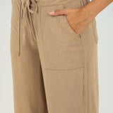 Beige Plain Straight-fit Pants with a Drawstring Waist and Pockets