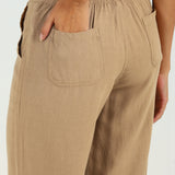 Beige Plain Straight-fit Pants with a Drawstring Waist and Pockets
