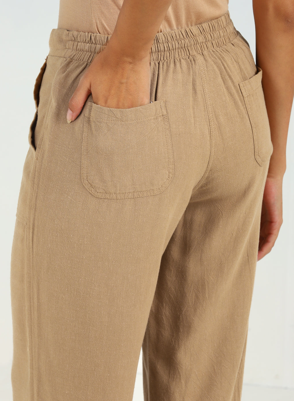 Beige Plain Straight-fit Pants with a Drawstring Waist and Pockets