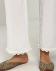 Ivory Ankle-length Pants for Women with drawstring Waist and Lace Work on the Hem
