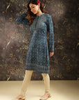 Steel Blue Printed Woolen Kurti for Women