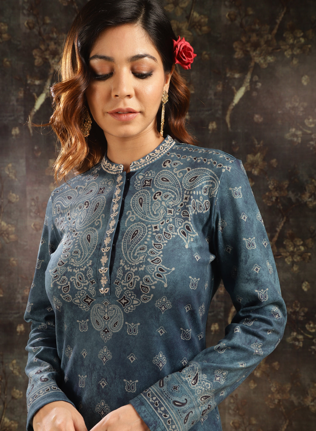 Steel Blue Printed Woolen Kurti for Women Lakshita