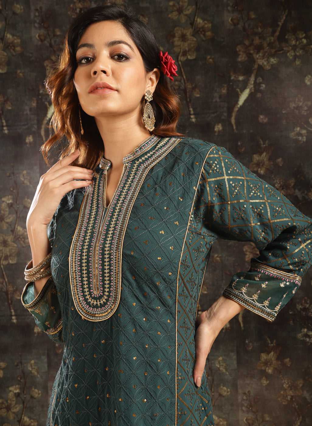 Green Schiffli Co-ord Set with Hand Embroidery – Lakshita
