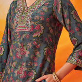 Saanjh Grey Floral Printed Suit Set with Dupatta
