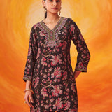 Saanjh Black Floral Printed Suit Set with Dupatta