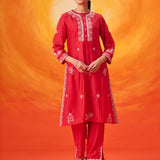 Anouk Red Embroidered Straight Kurta Set