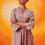 Aaradhya Lavender Embroidered Linen Suit Set with Dupatta