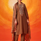 Eshira Brown Zari Embroidered Suit Set with Dupatta