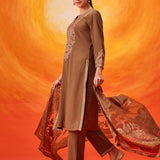 Eshira Brown Zari Embroidered Suit Set with Dupatta