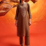 Eshira Brown Zari Embroidered Suit Set with Dupatta