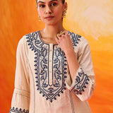 Kora Ivory Cotton Blend Embroidered Suit Set with Dupatta