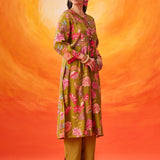 Eshani Green Floral Printed Chanderi Suit Set with Dupatta