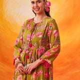 Eshani Green Floral Printed Chanderi Suit Set with Dupatta