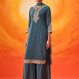 Hrida Teal Embroidered Georgette Suit Set with Dupatta