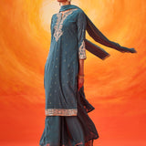 Hrida Teal Embroidered Georgette Suit Set with Dupatta