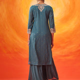 Hrida Teal Embroidered Georgette Suit Set with Dupatta