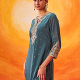 Hrida Teal Embroidered Georgette Suit Set with Dupatta