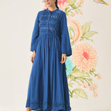 Poppy Blue Self-Embroidered Flared Dress