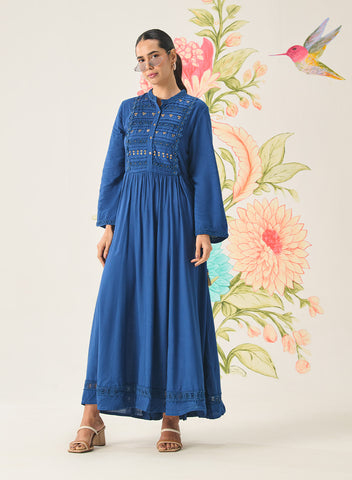 Poppy Red Self-Embroidered Flared Dress Lakshita Poppy Red Self-Embroidered Flared Dress Lakshita