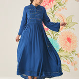 Poppy Blue Self-Embroidered Flared Dress