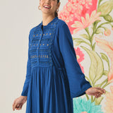 Poppy Blue Self-Embroidered Flared Dress