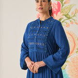 Poppy Blue Self-Embroidered Flared Dress