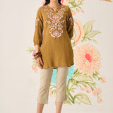 Shaya Olive Cotton Blend Embroidered Top
