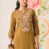 Shaya Olive Cotton Blend Embroidered Top
