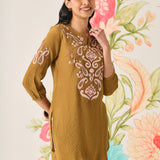Shaya Olive Cotton Blend Embroidered Top